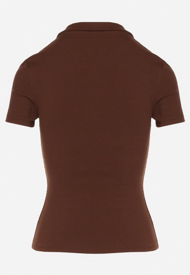 Born2be - Brązowy Bawełniany T-shirt Prążkowany Typu Polo z Guzikami Avelavia. Okazja: na co dzień. Typ kołnierza: polo. Kolor: brązowy. Materiał: bawełna, prążkowany. Styl: casual, klasyczny