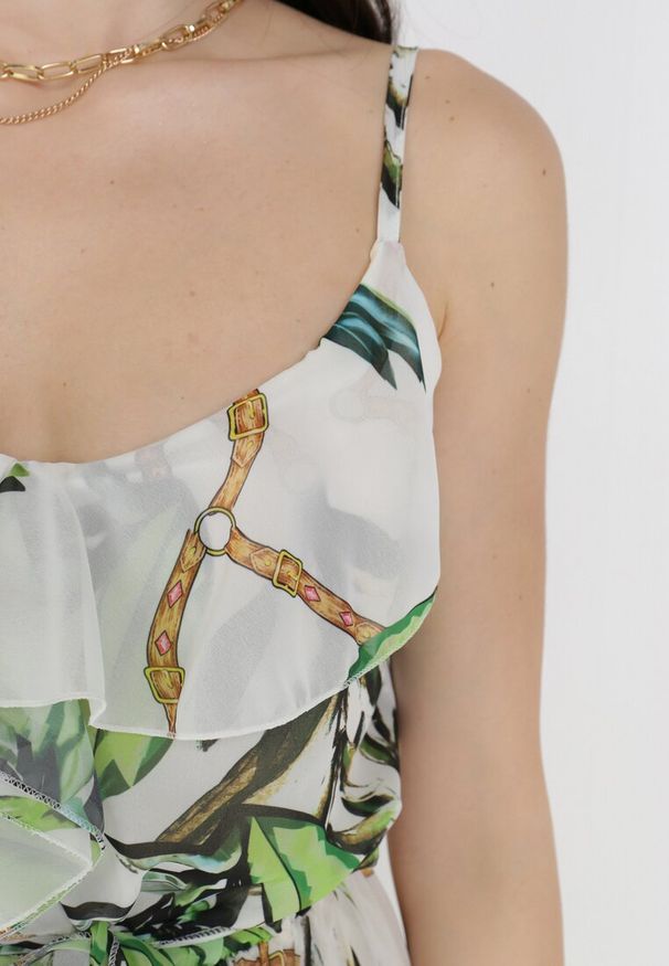 Born2be - Biało-Zielona Sukienka Thialcia. Typ kołnierza: kokarda. Kolor: biały. Materiał: materiał. Długość rękawa: na ramiączkach. Wzór: aplikacja, kwiaty. Typ sukienki: kopertowe. Długość: midi