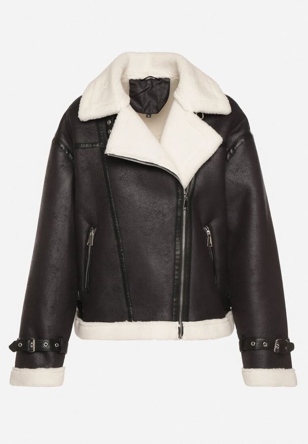 Born2be - Czarna Kurtka Ramoneska Biker z Futerkiem i Paskami z Klamrami Mandrie. Okazja: na co dzień, na spacer. Kolor: czarny. Materiał: futro. Wzór: aplikacja. Styl: klasyczny, casual, elegancki