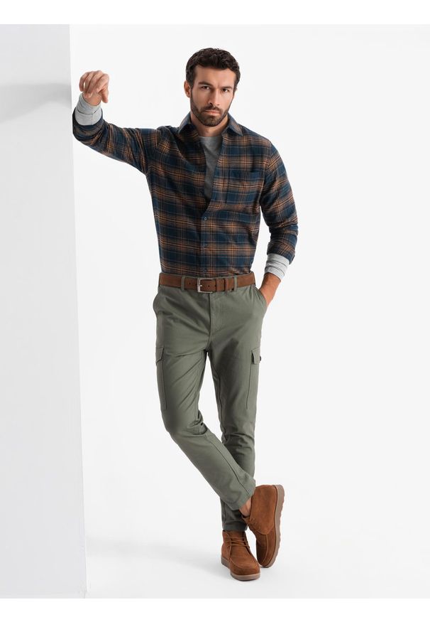 Ombre Clothing - Męska flanelowa koszula w kratę - granatowo-pomarańczowa V7. Kolor: pomarańczowy. Materiał: bawełna. Styl: klasyczny