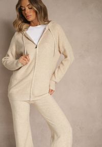 Renee - Beżowy Dzianinowy Komplet Dresowy z Wełną Bluza z Kapturem i Spodnie Essana. Kolor: beżowy. Materiał: dzianina, dresówka, wełna #5