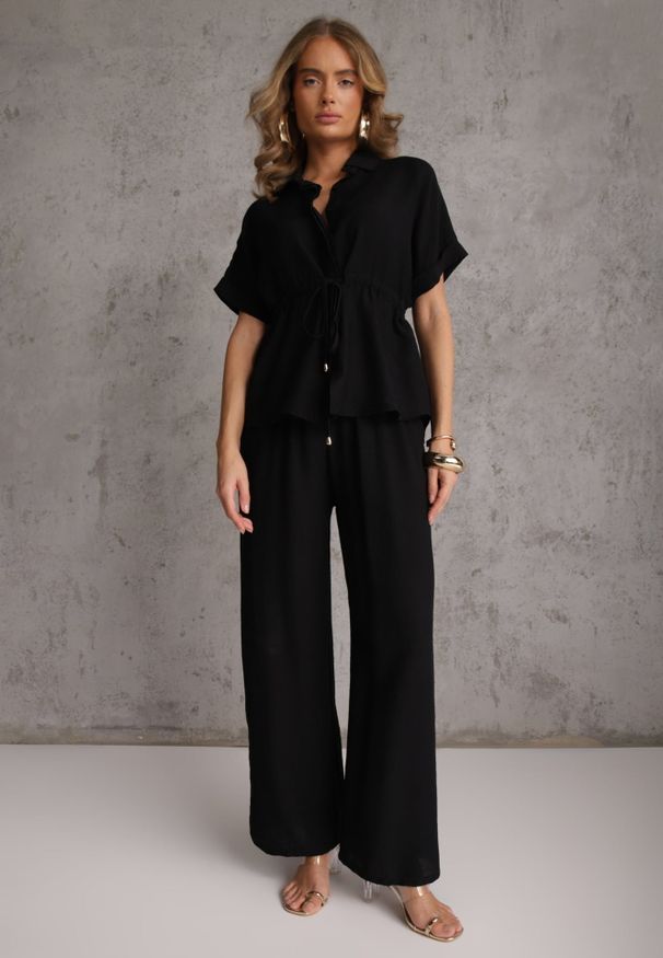 Renee - Czarny Komplet z Wiskozy Spodnie Wide Leg i Bluzka ze Ściągaczem w Talii Daemnell. Kolor: czarny. Materiał: wiskoza