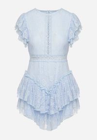Born2be - Jasnoniebieski Taliowany Koronkowy Kombinezon z Ażurowymi Wstawkami i Falbanami Tinarosi. Okazja: na co dzień. Kolor: niebieski. Materiał: koronka. Wzór: ażurowy. Styl: casual, elegancki #3