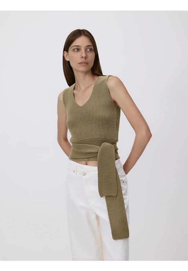 Reserved - Bluzka z wiązaniem - ciemnozielony. Kolor: zielony. Materiał: bawełna