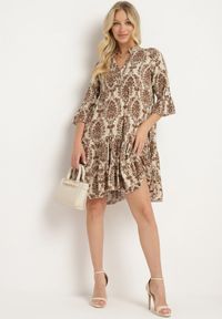 Born2be - Brązowo-Beżowa Bawełniana Rozkloszowana Sukienka z Falbankami Miloa. Typ kołnierza: kołnierz z falbankami. Kolor: brązowy. Materiał: bawełna. Typ sukienki: rozkloszowane #5