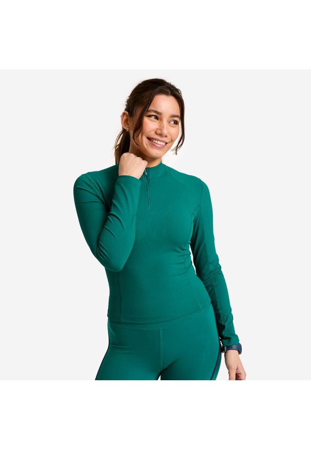 DOMYOS - Koszulka fitness damska Domyos długi rękaw. Kolor: zielony. Materiał: elastan, poliamid, materiał. Długość rękawa: długi rękaw. Długość: długie. Sport: fitness