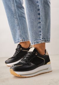 Born2be - Czarne Sneakersy na Grubej Podeszwie z Siateczkowymi i Metalicznymi Wstawkamu Sewtira. Kolor: czarny. Materiał: jeans #1