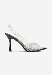 Renee - Czarne Przezroczyste Sandały na Szpilce Slingback Ozdobione Cyrkoniami Fodaria. Kolor: czarny. Wzór: aplikacja. Sezon: lato. Obcas: na szpilce. Styl: klasyczny. Wysokość obcasa: średni #6