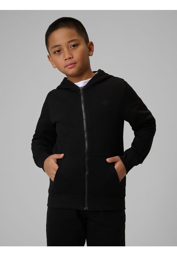 4f - 4F Bluza dresowa regular z kapturem chłopięca - czarna 134 (8-9 lat). Okazja: na co dzień. Typ kołnierza: kaptur. Kolor: czarny. Materiał: dresówka. Sezon: lato. Styl: casual