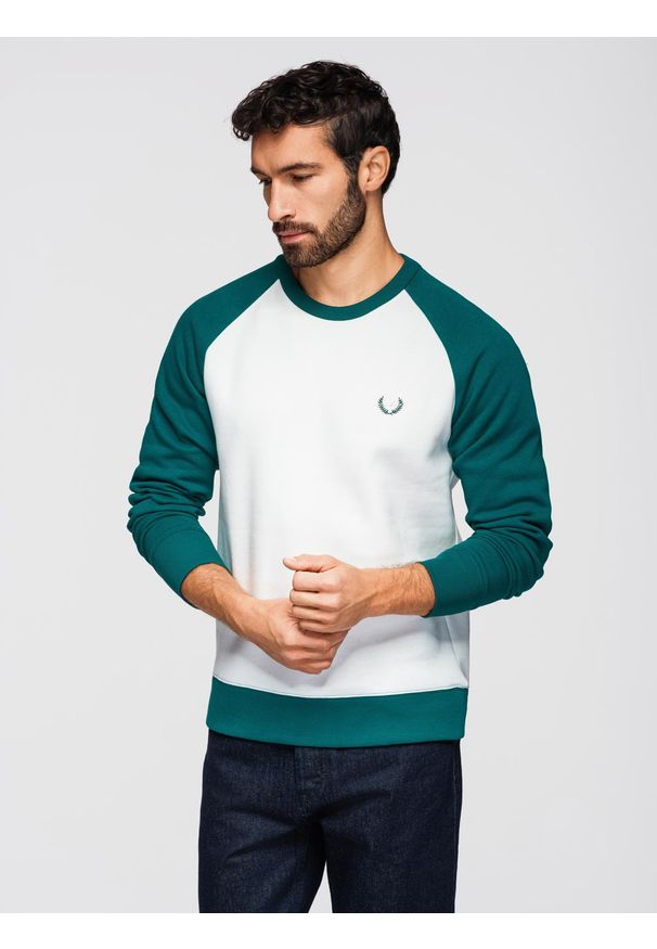 Ombre Clothing - Bluza męska kontrastowa z reglanowym rękawem - kremowo-ciemnozielona V1 - Rozmiar: L. Okazja: na co dzień, do pracy, na uczelnię. Kolor: kremowy. Materiał: dzianina, materiał, poliester, jeans, puch, bawełna. Wzór: gładki, haft. Styl: casual, klasyczny, sportowy