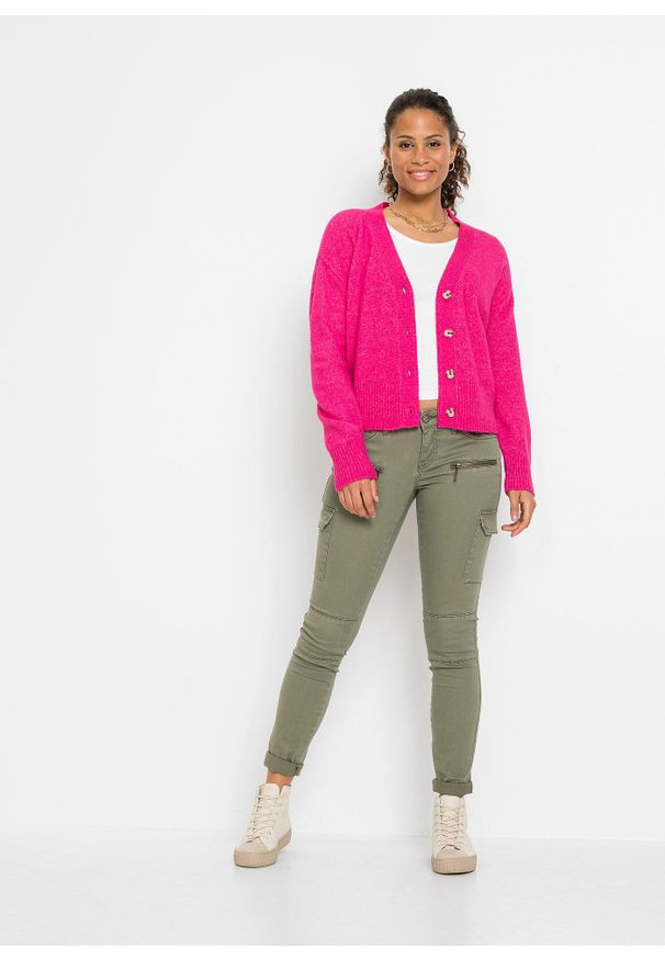 bonprix - Spodnie bojówki z elastycznego materiału z bawełną. Kolor: zielony. Materiał: bawełna, materiał