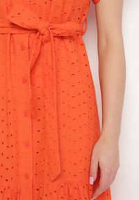 Born2be - Pomarańczowa Sukienka Bawełniana z Ażurowym Wzorem i Wiązanym Paskiem Kelilena. Okazja: na co dzień. Kolor: pomarańczowy. Materiał: bawełna. Długość rękawa: krótki rękaw. Wzór: ażurowy. Typ sukienki: rozkloszowane. Styl: retro, casual, elegancki #7