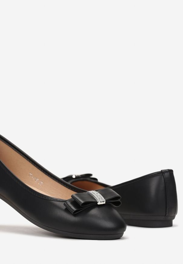 Renee - Czarne Balerinki z Ozdobną Kokardką z Cyrkoniami Ferniendha. Kolor: czarny. Styl: elegancki