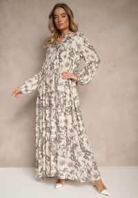 Renee - Szara Rozkloszowana Sukienka z Bawełny w Kwiatowy Wzór Efalora. Okazja: na co dzień, na randkę. Typ kołnierza: dekolt w serek. Kolor: szary. Materiał: bawełna. Wzór: kwiaty. Styl: elegancki, casual #5