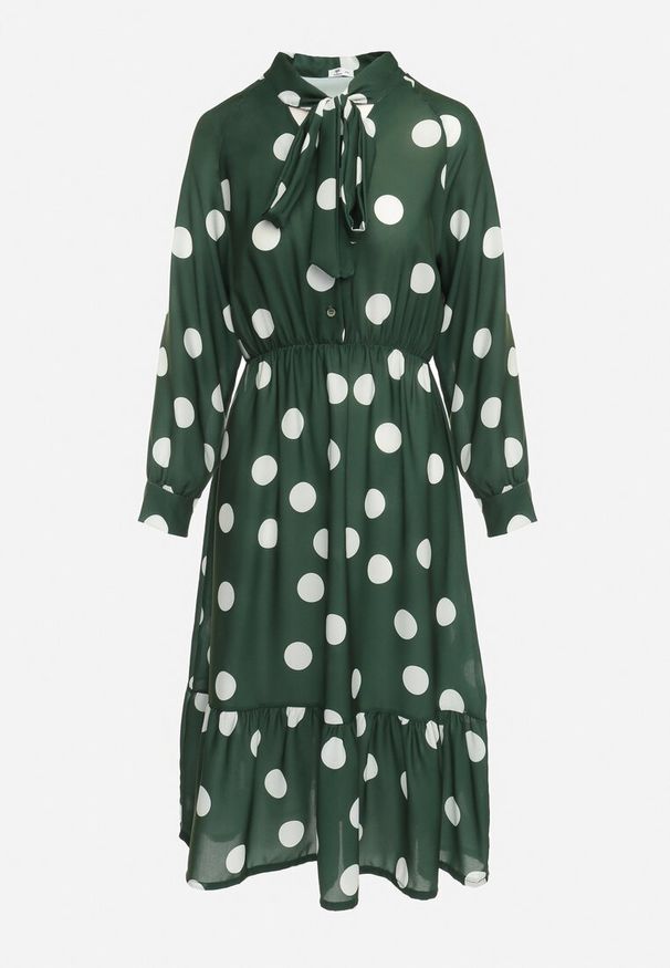 Born2be - Ciemnozielona Rozkloszowana Sukienka Midi z Wiązaniem przy Dekolcie w Kropki Velvina. Kolor: zielony. Wzór: kropki. Styl: retro. Długość: midi