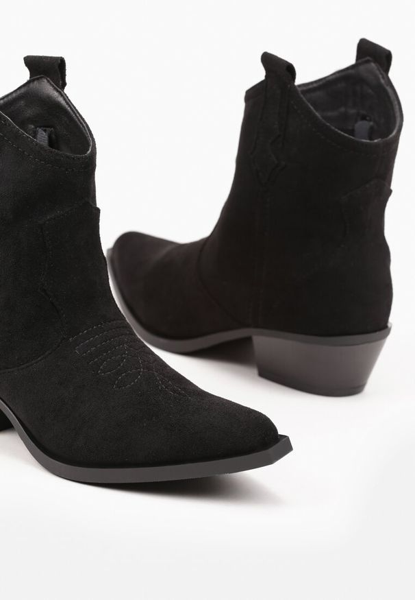 Renee - Czarne Botki na Słupku w Stylu Kowbojek Zapinane na Suwak Evirene. Okazja: na co dzień. Kolor: czarny. Materiał: skóra, jeans. Obcas: na słupku. Styl: elegancki, boho, casual. Wysokość obcasa: średni
