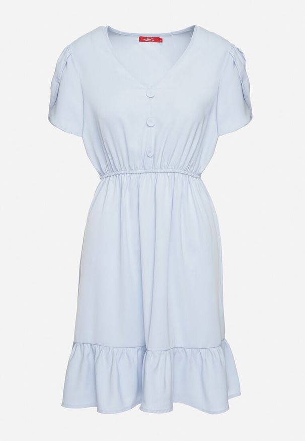 Born2be - Jasnoniebieska Rozkloszowana Sukienka z Gumką w Talii i Falbanką Welimia. Kolor: niebieski