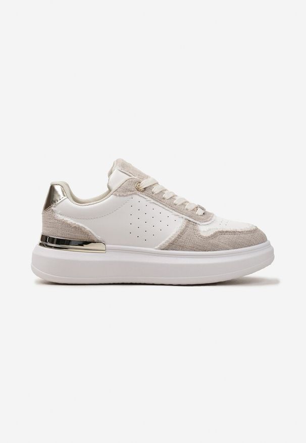 Born2be - Biało-Beżowe Sneakersy na Platformie z Materiałowymi Wstawkami i Cyrkoniami Przy Sznurówkach Nylith. Okazja: na imprezę, na spacer. Zapięcie: sznurówki. Kolor: biały. Materiał: materiał. Obcas: na platformie. Wysokość obcasa: niski. Sport: turystyka piesza