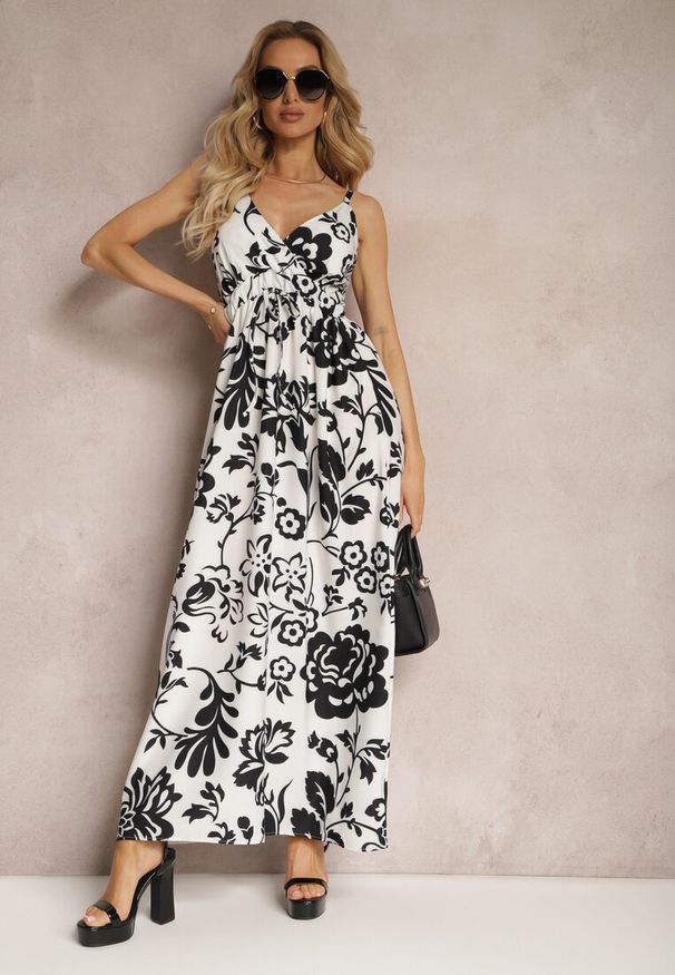 Renee - Czarno-Biała Sukienka z Gumkami na Plecach Ściągana w Talii z Regulowanymi Ramiączkami Falora. Okazja: na co dzień. Kolor: czarny. Długość rękawa: na ramiączkach. Sezon: wiosna, lato. Styl: elegancki, casual