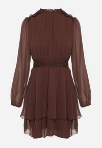 Born2be - Brązowa Rozkloszowana Sukienka Siateczkowa z Bufiastymi Rękawami Isovana. Okazja: na co dzień. Kolor: brązowy. Styl: casual, elegancki #5