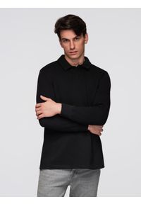Ombre Clothing - Bluza męska z kołnierzykiem polo ze strukturalnej dzianiny - czarna V8 - Rozmiar: M. Typ kołnierza: polo. Kolor: czarny. Materiał: dzianina