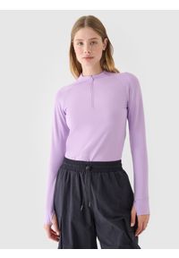 4f - 4F Longsleeve slim gładki damski - fioletowy S. Okazja: na co dzień. Typ kołnierza: kołnierzyk stójkowy. Kolor: fioletowy. Materiał: wiskoza, jersey, dzianina, materiał, poliamid. Długość rękawa: długi rękaw. Długość: długie. Wzór: gładki. Styl: klasyczny, sportowy, casual