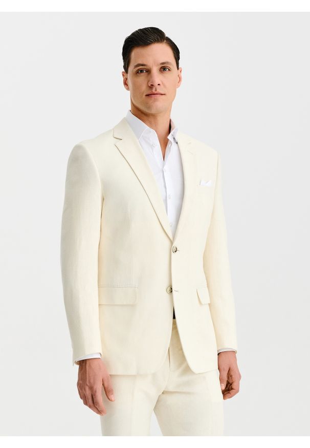 Pako Lorente - PAKO LORENTE - Beżowa marynarka garniturowa z lnem. Kolor: beżowy. Materiał: len. Wzór: gładki. Sezon: wiosna