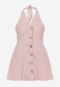 Born2be - Różowa Sukienka Taliowana Wiązana na Szyi z Ozdobnymi Guzikami Cilamene. Okazja: na co dzień. Kolor: różowy. Materiał: poliester. Wzór: aplikacja. Styl: casual, elegancki, klasyczny #5