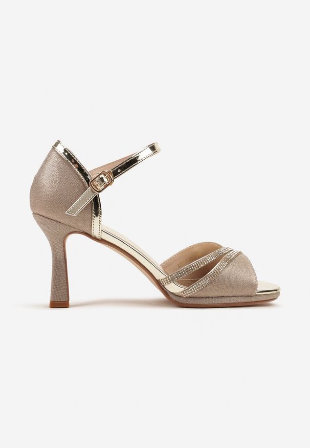 Born2be - Złote Sandały na Szpilce Vices z Brokatem i Cyrkoniami Ovirea. Okazja: na imprezę. Zapięcie: sprzączka. Kolor: złoty. Wzór: aplikacja. Sezon: lato. Obcas: na szpilce. Styl: elegancki. Wysokość obcasa: średni