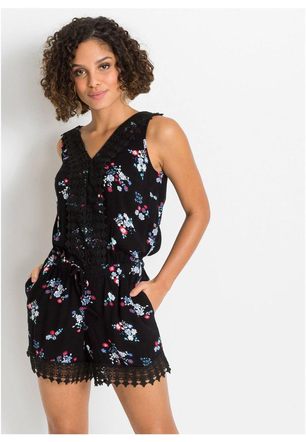 bonprix - Kombinezon z koronką. Kolor: czarny. Materiał: koronka. Długość: krótkie. Wzór: koronka. Sezon: lato