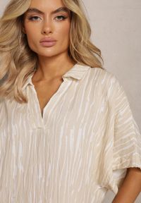 Renee - Beżowa Pudełkowa Sukienka z Lnu i Bawełny z Kołnierzem Umstalia. Kolor: beżowy. Materiał: bawełna, len. Sezon: lato