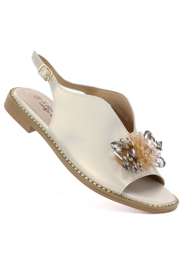 Skórzane sandały damskie płaskie z kryształkami złote S.Barski 61-6004. Kolor: złoty. Materiał: skóra