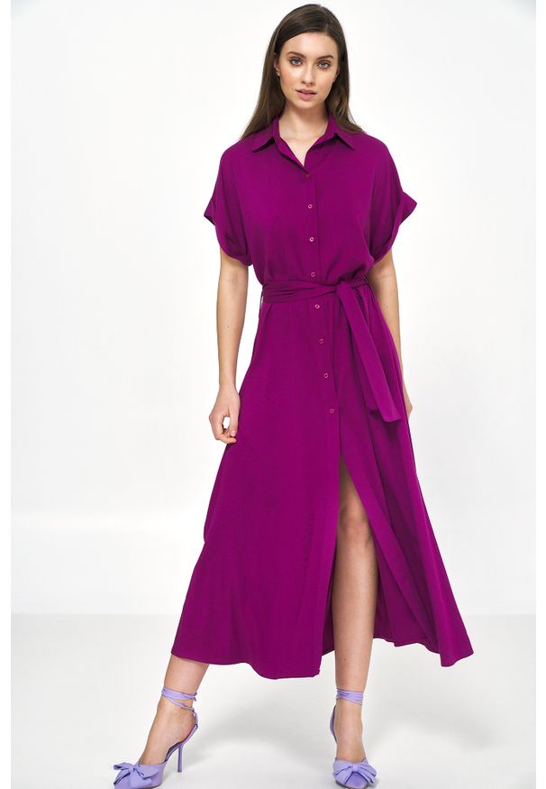 Nife - Koszulowa Sukienka z Krótkim Rękawem - Purpurowa. Kolor: fioletowy. Materiał: wiskoza. Długość rękawa: krótki rękaw. Typ sukienki: koszulowe