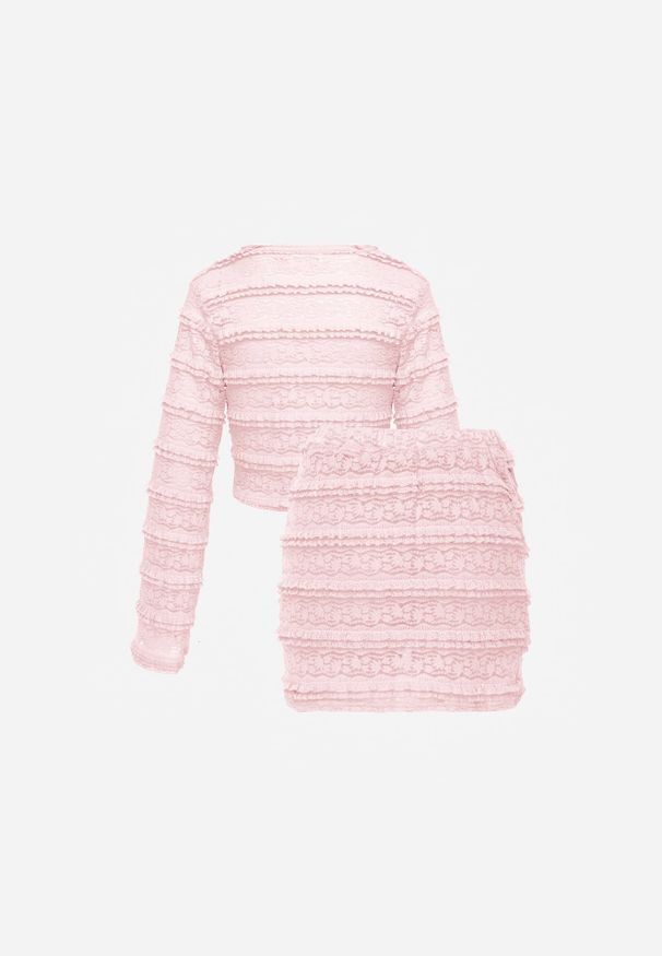 Renee - Różowy Komplet z Koronki Bluzka Longsleeve i Dopasowane Spódnico-Szorty Daera. Kolor: różowy. Materiał: koronka. Wzór: koronka