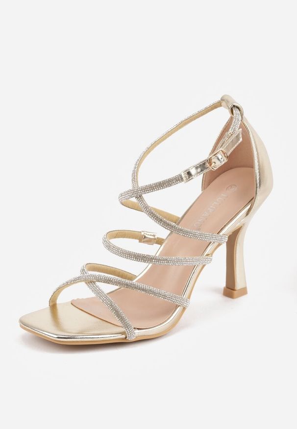 Renee - Złote Sandały na Szpilce z Kwadratowym Noskiem i Cyrkoniowymi Paskami Zeviana. Okazja: na imprezę. Zapięcie: pasek. Kolor: złoty. Obcas: na szpilce. Styl: elegancki, glamour