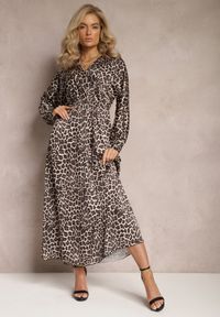 Renee - Czarno-Beżowa Sukienka Rozkloszowana z Gumką w Pasie Philida. Okazja: na co dzień. Typ kołnierza: dekolt w kształcie V. Kolor: czarny. Typ sukienki: rozkloszowane. Styl: casual, elegancki, wizytowy