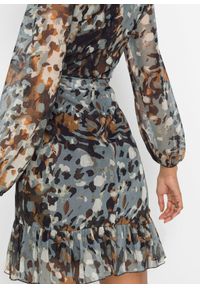 bonprix - Sukienka mini z balonowymi rękawami. Kolor: brązowy. Typ sukienki: kopertowe. Długość: mini #3