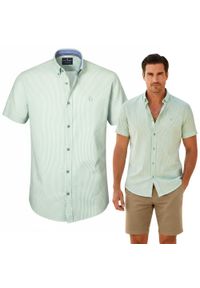 Weekendowa Koszula Męska, Taliowany Krój - Pako Jeans - Jasna Zieleń w Prążek. Okazja: na co dzień. Materiał: wiskoza, bawełna. Wzór: paski. Styl: casual #7