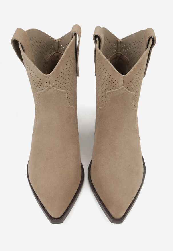 Renee - Ciemnobeżowe Botki Typu Kowbojki na Stożku ze Skóry Naturalnej Clearfeather. Okazja: na co dzień. Kolor: beżowy. Materiał: skóra. Obcas: na stożku. Styl: klasyczny, casual