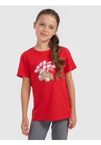 4f - 4F T-shirt regular z nadrukiem świątecznym dziewczęcy - czerwony 164 (13-14 lat). Kolor: czerwony. Materiał: jeans, materiał, skóra, bawełna. Wzór: nadruk. Sezon: lato. Styl: wizytowy #1