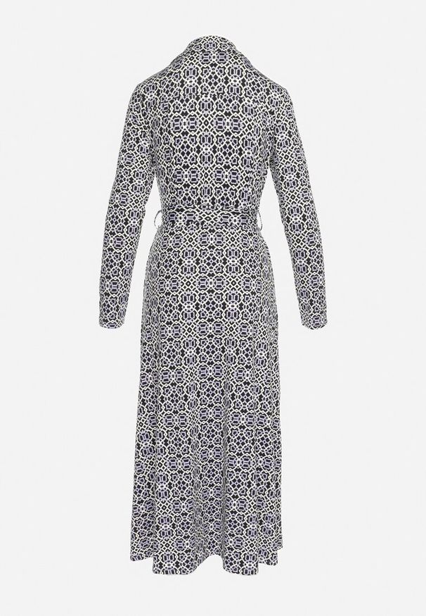 Born2be - Biało-Fioletowa Taliowana Sukienka Maxi z Materiałowym Paskiem w Geometryczny Print Filint. Kolor: biały. Materiał: materiał. Wzór: geometria, nadruk. Długość: maxi