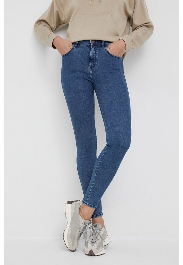 Wrangler jeansy HIGH RISE SKINNY INDIGO SEA damskie high waist. Stan: podwyższony. Kolor: niebieski