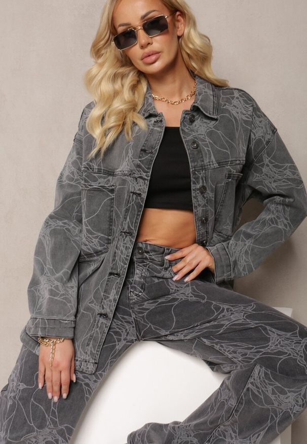 Renee - Ciemnoszara Jeansowa Kurtka w Marmurkowy Wzór Neirana. Kolor: szary. Materiał: jeans