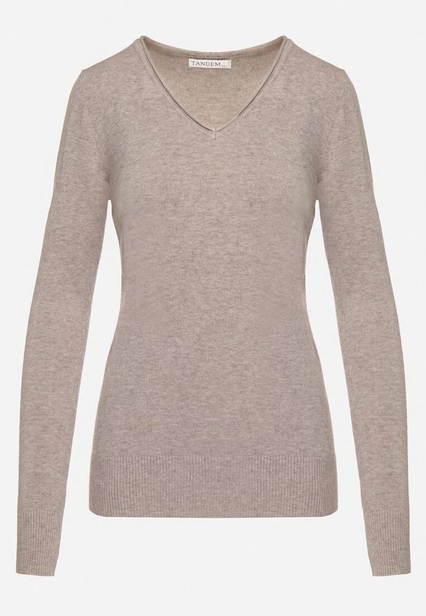 Born2be - Ciemnoszary Sweter Klasyczny z Trójkątnym Dekoltem z Domieszką Kaszmiru Taielle. Okazja: do pracy, na co dzień. Kolor: beżowy. Materiał: kaszmir. Styl: klasyczny
