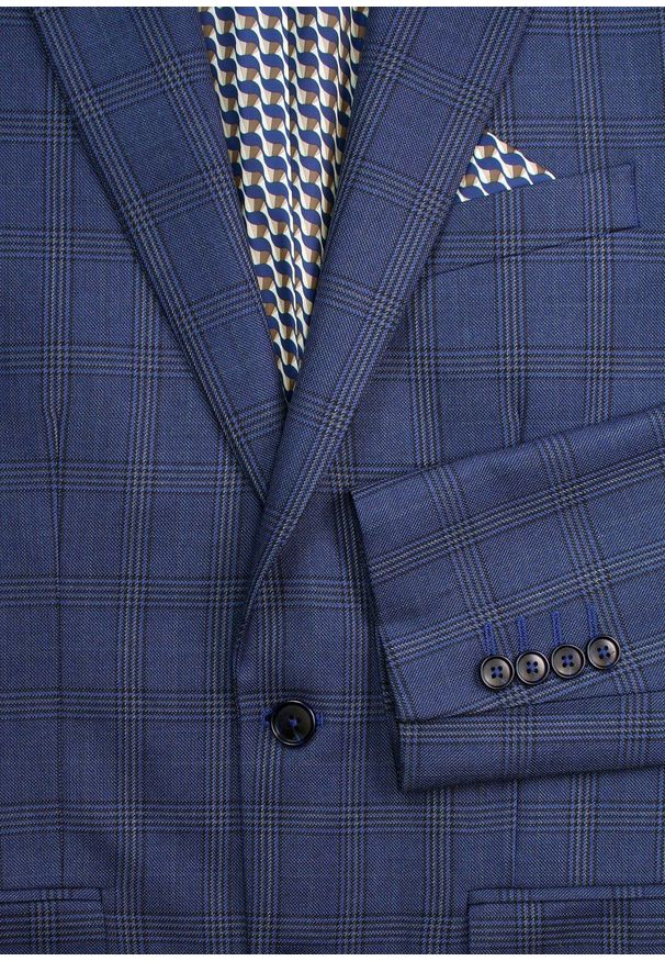 Victorio - Garnitur Elegancki, Jasny Granatowy w Kratkę Zapinany na Dwa Guziki, SLIM, Spodnie w Kant -VICTORIO. Kolor: niebieski. Materiał: poliester, wiskoza. Wzór: kratka