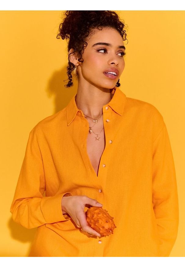 Sinsay - Koszula oversize z domieszką lnu - pomarańczowy. Kolor: pomarańczowy. Materiał: len