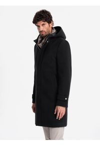 Ombre Clothing - Długi monochromatyczny męski płaszcz z kapturem – czarny V3 - Rozmiar: XXL. Okazja: na co dzień. Typ kołnierza: kaptur. Kolor: czarny. Materiał: wiskoza, tkanina, poliester, materiał, syntetyk. Długość: długie. Styl: wizytowy, casual, elegancki