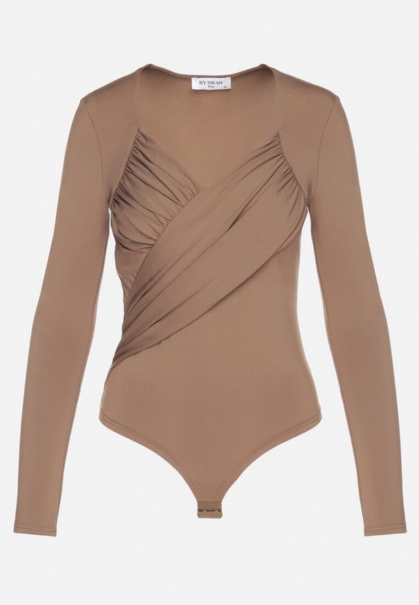 Born2be - Ciemnobeżowe Body Eleganckie z Marszczeniem Ziellea. Okazja: na co dzień. Kolor: beżowy. Materiał: jeans. Długość rękawa: długi rękaw. Długość: długie. Styl: elegancki