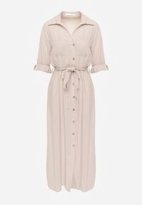 Renee - Jasnobeżowa Koszulowa Sukienka Utility z Bawełny z Wiązanym Paskiem w Talii Retona. Okazja: na co dzień. Kolor: beżowy. Materiał: bawełna. Sezon: lato. Typ sukienki: koszulowe. Styl: boho, glamour, casual #4