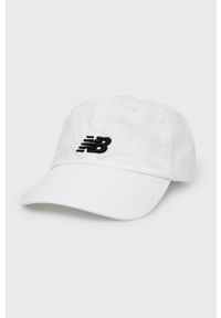 New Balance czapka bawełniana kolor biały z aplikacją. Kolor: biały. Materiał: bawełna. Wzór: aplikacja